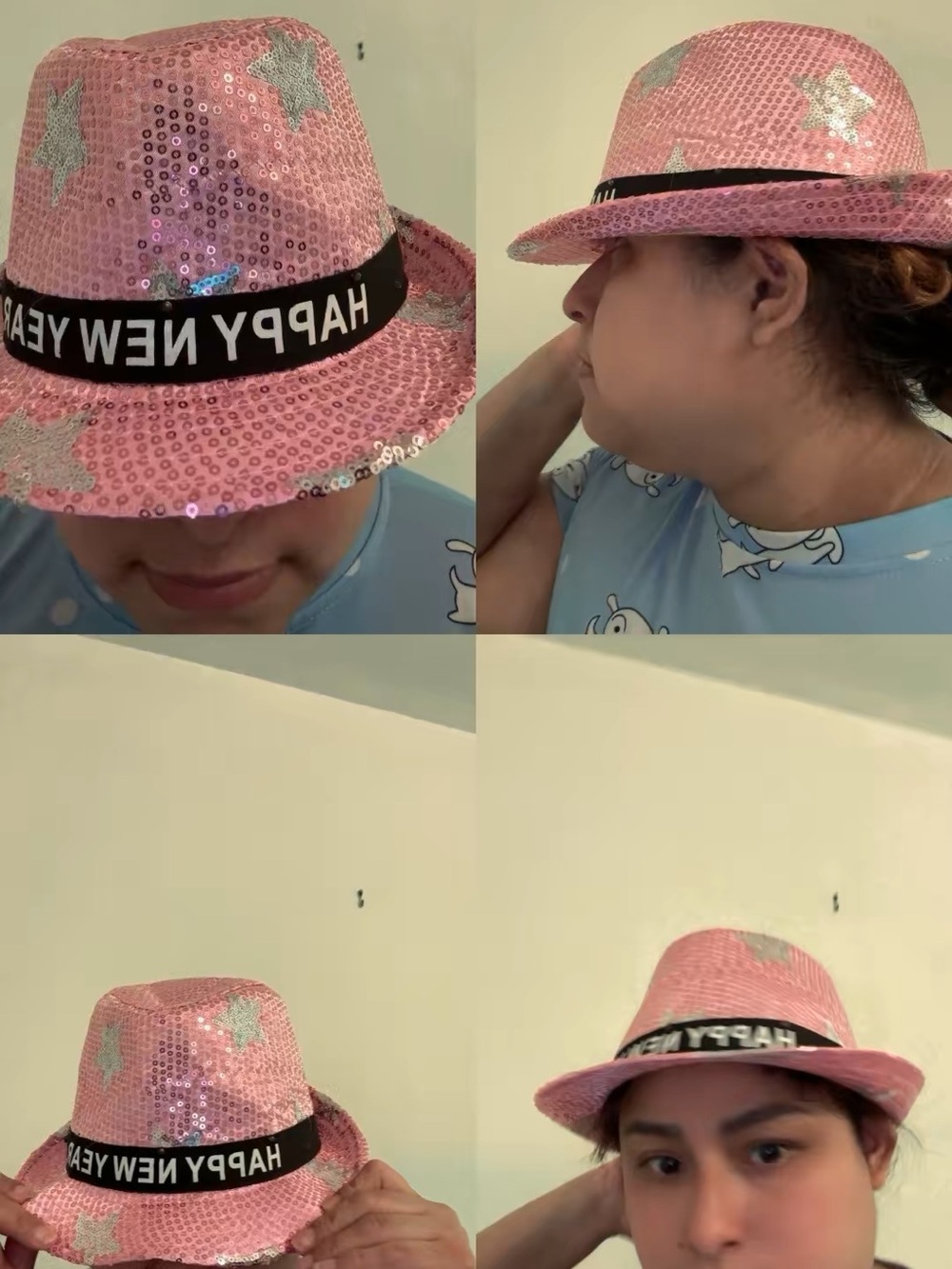 Pink Sequin 'Happy New Year' Kids Fedora Hat with Silver Stars